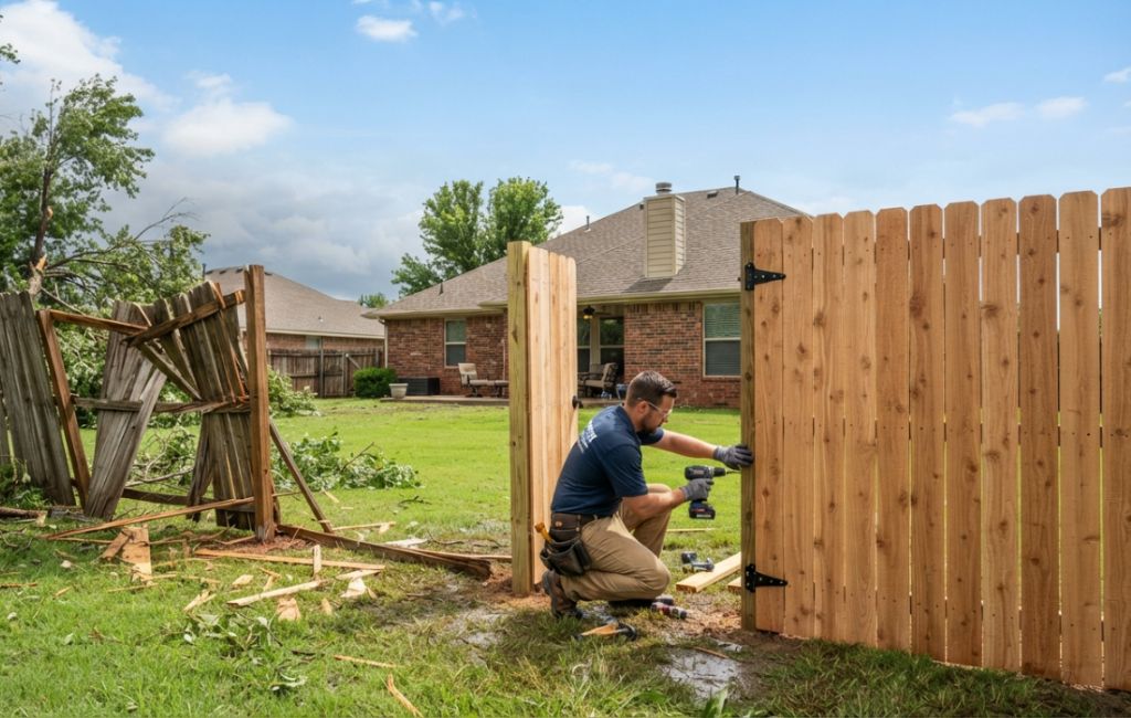 A person is building a new wooden fence, with a damaged fence in the background, illustrating fences repair Edmond OK after storm damage. The scene highlights professional fence restoration, sturdy craftsmanship, and the replacement of broken fence panels and leaning posts in a well-maintained residential neighborhood.